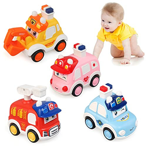 JoyPlus Baby Auto Spielzeug ab 1 2 3 4 Jahr, 4 Stück Press and Go Spielzeugautos für Kleinkinder, Aufziehauto Spielzeugauto Set Geschenk für Junge Mädchen (Polizeiauto/Krankenwagen/Feuerwehrauto/LKW)