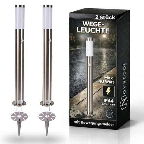 Novatool 2x Gartenlampen I 110 cm I mit Bewegungsmelder I mit Erdspieß I Edelstahl I IP44 I E27 Sockel I Gartenleuchten Stehlampen Säulenlampen außen Außenlampen Aussenleuchten Sockelleuchten