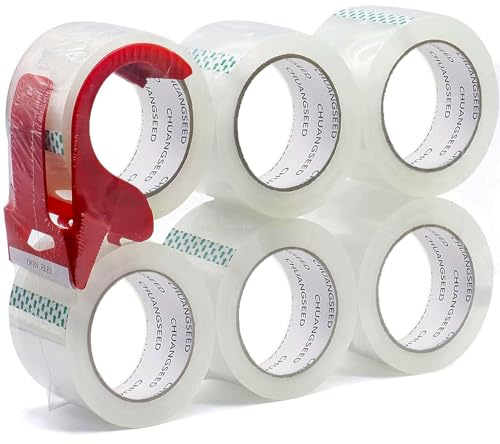 CHUANGSEED 6 Rollen,Clear packing tape with dispenser, 48mmx66m Packband Paketklebeband Transparent mit Plastik Abroller, Paketklebeband zum Verpacken von Paketen und Versandschachteln