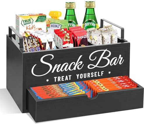 Snack Organizer for Countertop, Wood Pantry Storage Bins with Handles, Snack Bar Organizer for Kitchen, Office, 4 Compartment Food Container Snack Box with Drawer, Pantry Organizer for Chips, Candy