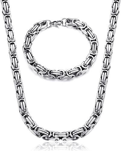 CASSIECA 2Pcs Königskette Set für Herren - Silber Edelstahl Breite Halskette und Armband - Dicke Schwere Punk Kette 8mm