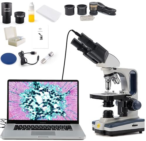 Swift Digital Binocular Microscope 40X-2500X with 5MP USB Camera, Dual Layer Mechanical Stage and Software, Windows and Mac Compatible and Slides, Siedentopf Head, Research Quality
