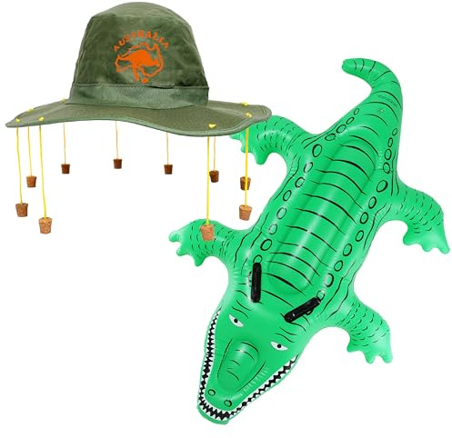Australia Fancy Dress Set - Green Australian Cork Hat and Large Inflatable Green Crocodile - Australia Day Commonwealth Fancy Dress Costume Accessory Set