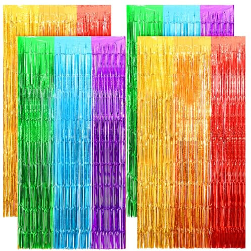 4Pcs 3.2ft x 6.5ft Tinsel Curtains, Rainbow Foil Fringe Curtains Streamers Backdrop Party Decoration Photo Props for Wedding Birthday Disco Party