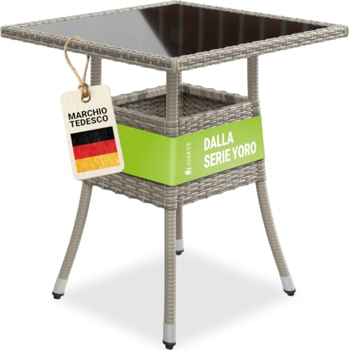 Juskys tavolino da giardino Yoro - Piccolo, quadrato, compatto, resistente alle intemperie - Piano in vetro e polyrattan - 60x60 cm - Grigio