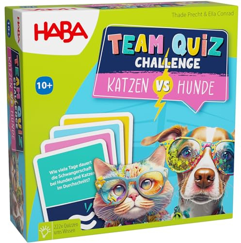 HABA Team Quiz Challenge Gatti vs. Cani – Con 222 carte quiz e molte domande – Gioco di trasporto o regalo per giocatori a partire dai 10 anni – 2010894001