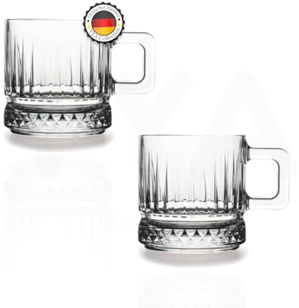 TYA I Lot de 2 gobelets en verre au design cristal avec anse 195 cc, transparent, 100 % sans plomb, convient pour le thé, le café et les jus de fruits