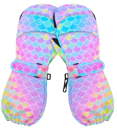 AuSletie Guanti invernali per bambini, impermeabili, guanti da sci da neve per ragazze, caldi guanti da snowboard foderati in sherpa con polsino lungo, 3-10 anni, Sirena arcobaleno, Small