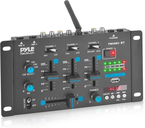 Pyle Mixer DJ Wireless, Mixer Audio Bluetooth 3 Canali, Talkover Microfono, Lettore USB, RCA Phono/Linea, Ingresso Microfono, Console DJ, Jack Cuffie