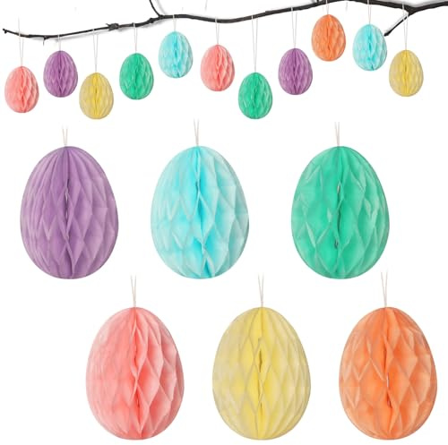 GEBETTER 12 pcs Easter Eggs Honeycomb Balls Colour Eggs Easter Decoration Kit Easter Hanging Paper Pom Poms Honeycomb Decorations for Easter Party Decors