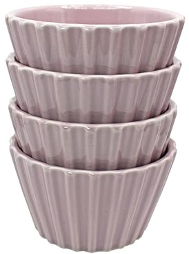 Set of 4 Ramekin Set, 5oz Soufflé Dishes Ribbed Design, Stackable Baking Set for Pudding, Custard, Fruits, Dips, Microwave, Oven and Dishwasher Safe (Pink)