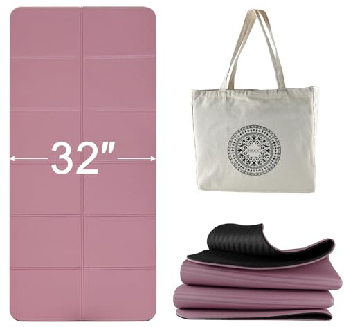 iodoo Foldable Yoga Mat 72 L x 32 W x 0.32 Inch Extra Thicked and Wided, Folding Yoga Mat for Travel with Canvas Carrying Bag, Non-Slip TPE Exercise Pilates Mat (Black-Pink)