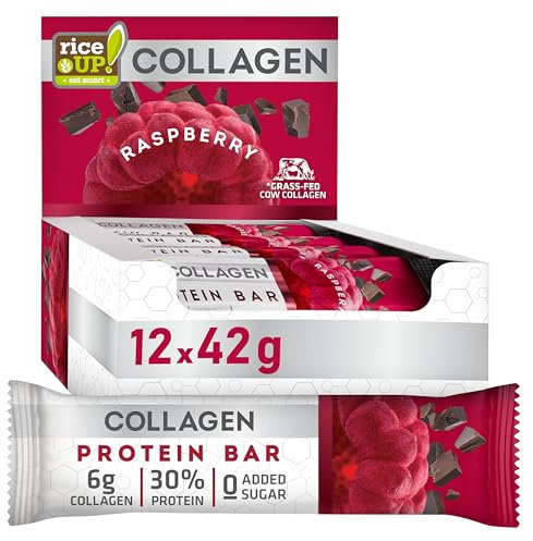 RiceUP! Barre Proteiche con Collagene - Gusto Lampone, 12 x 42g | 6000 mg Collagene (I+III), 30% Proteine, Senza Zucchero (12 x 42 g, Lampone)