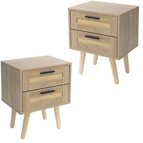 ML-Design set med 2 nattduksbord med 2 lådor 40x50,5x30 cm i eklook sängskåp med rottingframsida och massiva träben kommod för resårbädd sidobord eller soffbord idealiskt för sovrum eller vardagsrum