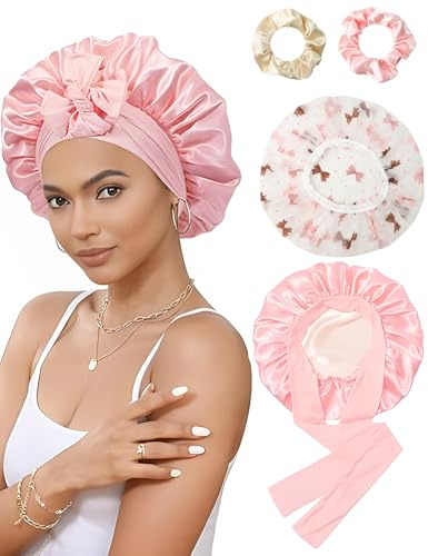 Seidenhaube zum Schlafen & Duschhaube mit 2 Satin Haargummis, Satin Haarhaube Verstellbare Schlafhaube Seide und Wasserdichte Duschhauben Elastische Shower Cap Scrunchies Silk Bonnet für Mädchen Damen