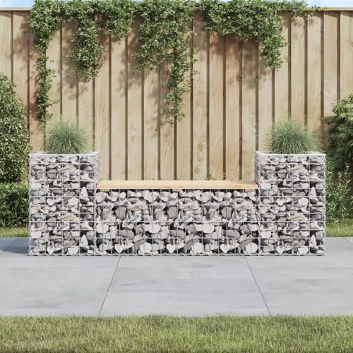Verderoom Gartenbank aus Gabionen - Sitzbank mit Lehne aus Holz und Stein - Witterungsbeständiger Gabionenkorb - Natürliche Kiefer - 183x41x60.5 cm