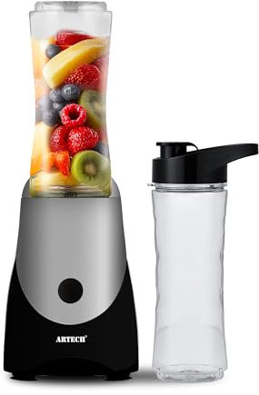 ARTECH Personal Blender 300W – Portable Smoothie Maker with 2 x 600ml Bottles | One-Touch Operation | Compact Design | Stainless Steel Blades for Shakes, Juices, Protein (Black & Silver Base)