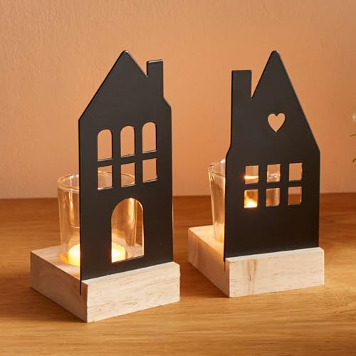 Dekoleidenschaft 2X Windlicht Haus aus Metall, matt schwarz, 15 + 16 cm hoch, mit Glas Teelichthalter, Tischdeko modern, Kerzenständer