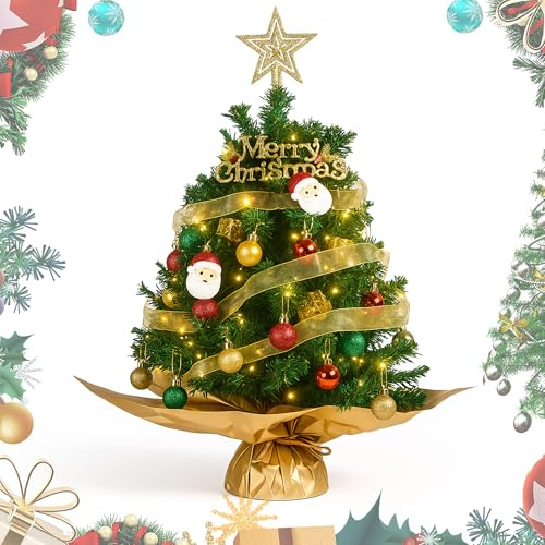 Mini Künstlicher Weihnachtsbaum 60cm: PVC Tannenbaum Set mit Deko Kugeln Stern Lichterkette Tischdeko für kleine Wohnungen Familien Weihnachten (Gold)