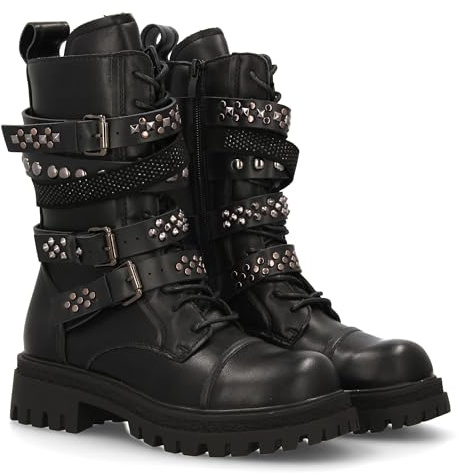 96210 Estas Botas de Estilo Militar, Diseno Robusto, Multiples Correas con Hebillas metalicas y Plataforma. Suela Dentada Gruesa, Ideal para Mujer Temporada Otono Invierno. Negro Talla 39