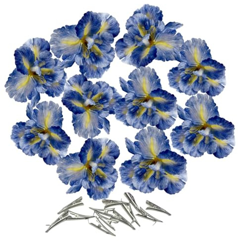Urier 10 Pieces Iris Flowers Artificial Heads,Silk Flowers for Crafts with Clips,Tropical Faux Flower Cake Decorations Wreath Making Supplies for Wedding Party Birthday Gift Décor (10, Blue)