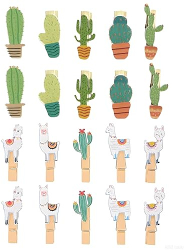 SOVYTH 20 Pièces Pinces à Linge,Légères Ecologiques, 35mm Mini Pince a Linge Bois pour Décorer la Maison et Les Photos(Alpaga + Cactus)