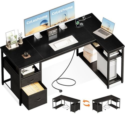Coleshome Gaming Eckschreibtisch mit 2 Schubladen, 160×80 cm, Schwarz