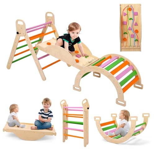 Garvee Set de Escalada Infantil Plegable de Madera - Triángulo, balancín y tobogán 3 en 1 - Juguete Educativo basado en el Desarrollo Infantil Robusto para Interiores y Exteriores - Silla Plegable
