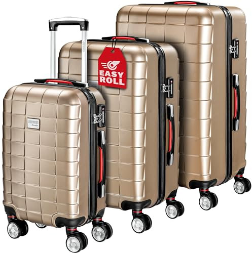 Monzana® 3tlg. Kofferset Exopack TSA Schloss Hartschalen Koffer M-L-XL Gel-Griffe 4 Zwillingsrollen Standfüße Trolley Rollkoffer Reisekoffer Champagner