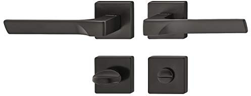 JUVA Drückergarnitur Messing Türbeschlag schwarz Türgriff Zimmertür - LDH 3205 | WC - Toiletten | Drücker-Paar mit eckiger Rosette | 1 Set - Design Türdrücker-Garnitur für Innentüren mit Schrauben