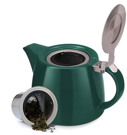 VAHDAM, Tetera De Porcelana (500ml) Tetera Verde Oscuro Hecha A Mano | Infusor De Malla Fina Para Mezclas A Granel Fabricado En Acero Inoxidable, Teteras Para Té