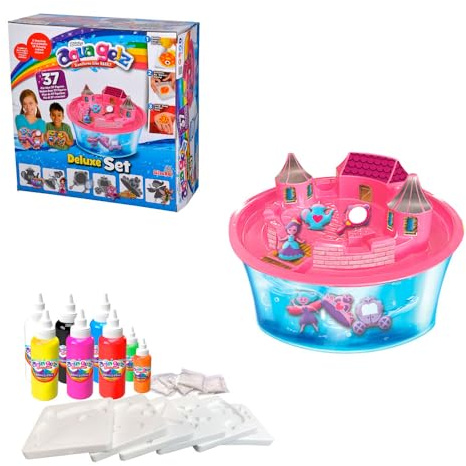 Simba 106322496 - Aqua Gelz Deluxe Prinzessinnen Schloss, Bastelset, Kreativ, 8 Flaschen Farbgel, 6 Formen, 5X Wasserzusatz, Schale mit Schloss Aufsatz, Sticker, ab 8 Jahren