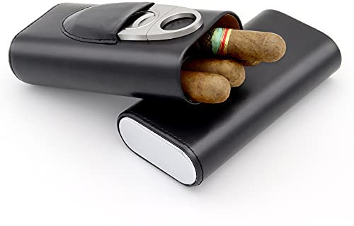 GIF Father's Day Gift Christmas Gift 3-Finger Black Leather Cedar Wood Lined Travel Cigar Carrying Case with Silver Stainless Steel Cutter