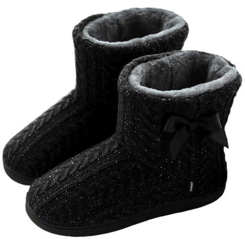 GURGER Chausson Montant Femme Fourrure Chaud Hiver Chaussons Bottes Pantoufles Bottines Peluche Doublé Maison Slipper Noir Taille 37 38