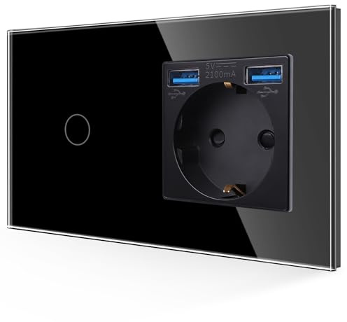 JIMEIDA Toma USB con interruptor de luz en negro, Toma Schuko 3 en 1 de cristal de 16A de empotrar con 2 cargadores USB (2.1A), interruptor de pared táctil de 1 vía 1 pin con LED de estado, 86mm*157mm | Cristal táctil, USB (A+A), enchufe de 16 A, LED azul, PC ignífugo, certificado VDE, negro, 86 x 157 mm