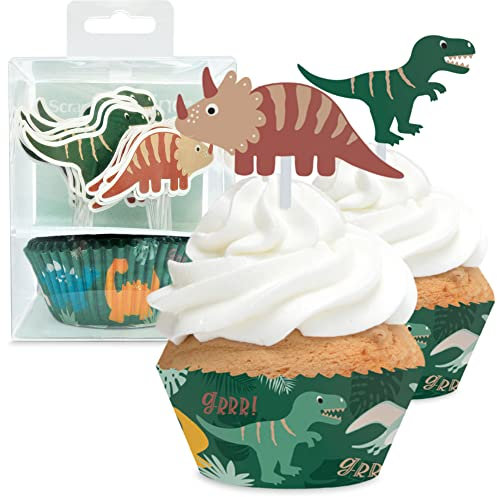 ScrapCooking 4905 - Set 24 pirottini e toppers per cupcake, tema dinosauri, decorazioni per dolci, dolci, dolci, biscotti, compleanni