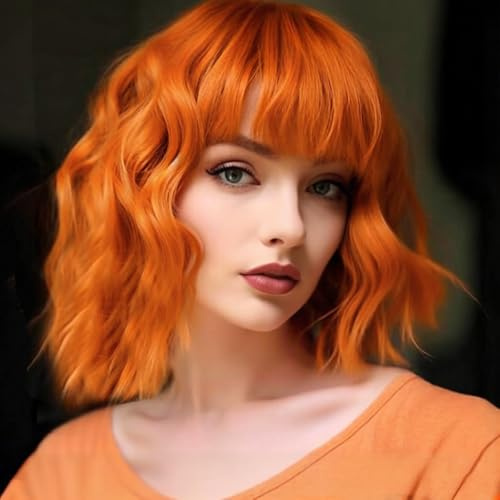 PORSMEER kort bob peruk orange med lugg för kvinnor naturlig peruk damer syntetiskt hår färgglad daglig fest halloween cosplay vågiga lockiga peruker, ingefäraperuk 30 cm
