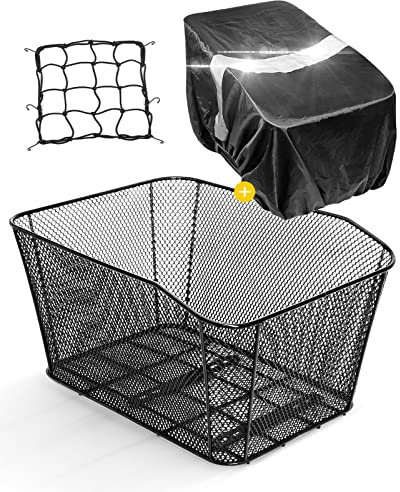 ANZOME Fahrradkorb hinten, Fahrradkorb Schulranzen hinten mit Korbabdeckung wasserdicht & Gepäcknetz Fahrrad Korb fuer hinten groß, 39×30×19 cm, Schwarz