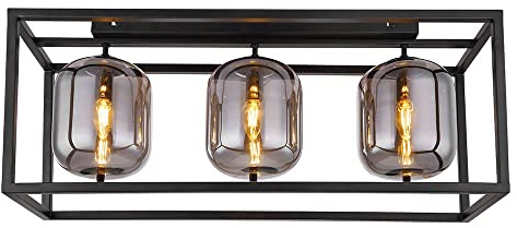 Deckenlampe Glasleuchte 3 flammig Glasschirm rauchfarben Deckenleuchte rund schwarz Wohnzimmerlampe, Metall Glas, schwarz, 3x E14, LxH 77x32,5 cm