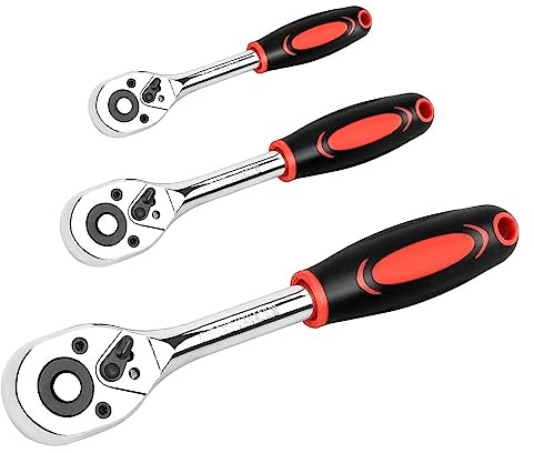 Supernic Ratchet 3 Pack 1/4 3/8 1/2 Socket Wrenches Ratchet Spanner Set Drive Tool Set Heavy Duty Quick Lever Release Wrench with Cushion Grip Handle Lock for Furniture Auto Car Repair