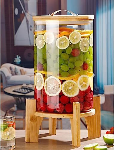Dispensador de Bebidas de Vidrio, Jarra de Bebida de 5L/8L/10L con Grifo de Acero Inoxidable y Soporte de Madera, Boca Ancha de Fácil Llenado, para Bebidas Calientes o Frías, Ponche, Agua Helada 10L