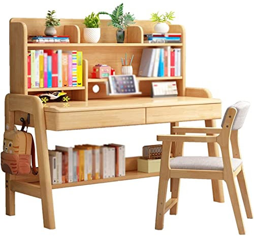 ZUMAHA Stabil Multifunktionales Kinderschreibtisch- und Stuhlset, höhenverstellbarer Stuhl mit Leinenkissen, ergonomischer Schreibtisch aus Massivholz Flexibel