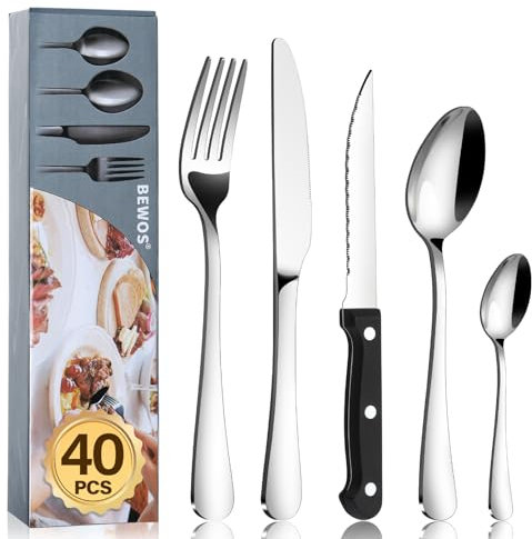 BEWOS 40-Piece Cutlery Set with 8 Triple Riveted Steak Knives, Stainless Steel Silverware Tableware Set for Kitchen, Mirror Polished Knives, Forks and Spoons Cutlery Set for 8, Dishwasher Safe