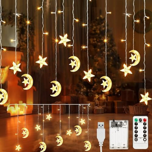 Aluusy Lichterkette Weihnachten, 3.5m Sterne Mond Lichtervorhang Batterie/USB mit Timer, 8 Modi LED Lichterketten Vorhang Fenster Innen Außen mit Fernbedienung für Weihnachten, Party, Balkon