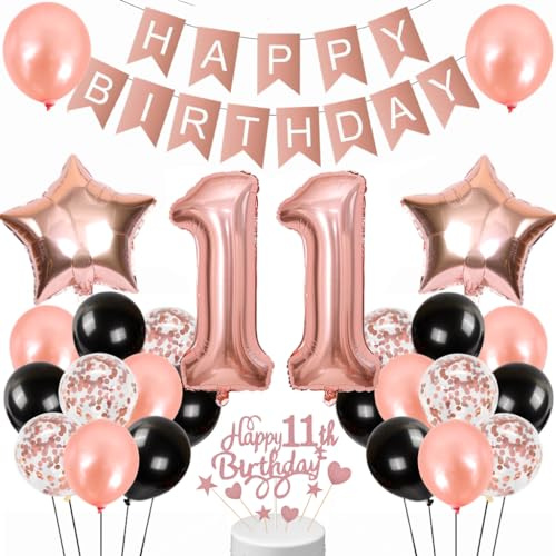 Conruich Luftballon 11. Geburtstag Deko für Mädchen, Rosegold Tortendeko, Happy Birthday Banner für Kinder Party Dekoration