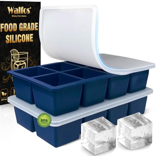 Walfos große Eiswürfelform silikon, 2 Pack 8-fach Silikon Eiswürfelbehälter mit Deckel,BPA-frei und spülmaschinenfest,für Cocktails, Whisky, Babynahrung（blue）