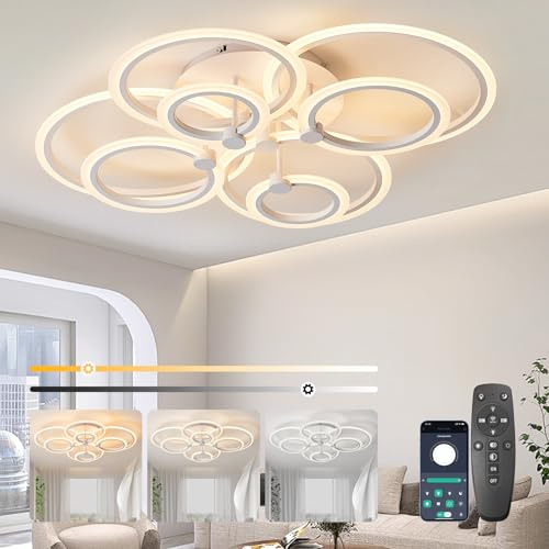 SUCIKORIO LED Deckenleuchte Dimmbar mit Fernbedienung, Modern LED Deckenlampe 8 Rund Wohnzimmer 90W Wohnzimmerlampe 2700K-6500K Schlafzimmerlampe Decke mit APP für Schlafzimmer, Küche, Badezimmer,Flur