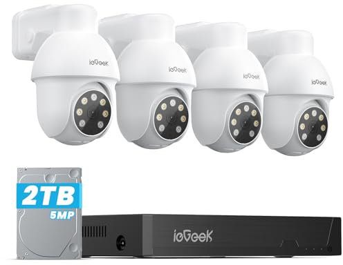 ieGeek【5MP+2TB HDD+360°PTZ】PoE Security CCTV Camera Systems with AI Human & Vehicle Detection, 4K Lite H.265+ DVR/NVR, 4PCS Home Security Cameras, Color Night Vision, Automatic Tracking, Remote Access