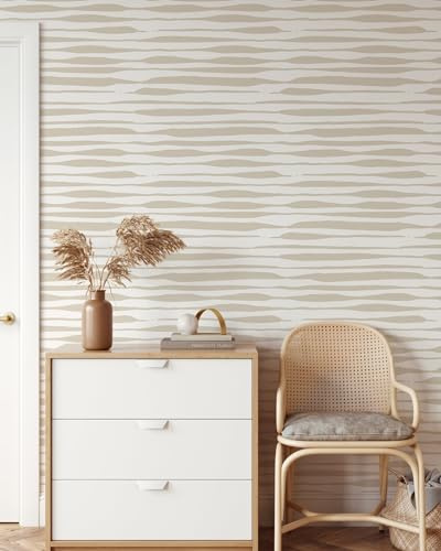 Coloritto Beige Stripes Shibori Wallpaper | Removable Self Adhesive Hand Drawn Wallpaper | Customizable Geometrical Lines Peel and Stick Wall Decor (Sample 12 W x 8 H)