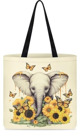 KUIFORTI Wiederverwendbare Einkaufstaschen für Damen, faltbar, strapazierfähig, groß, aus Segeltuch, Sonnenblume Elefant, Einheitsgröße